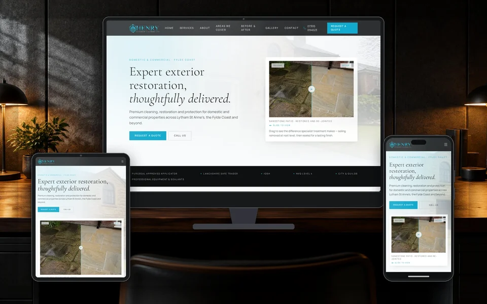 Henry Exterior Cleaning website designed by Wright Designs Studio, shown on a desktop screen and phone