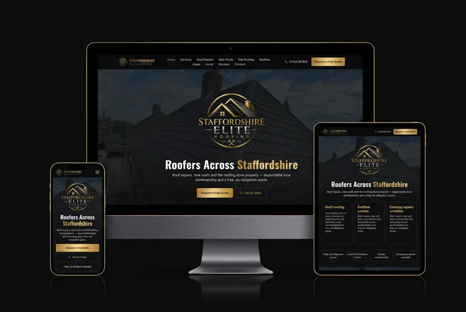 Staffordshire Elite Roofing website shown on a desktop, tablet and phone
