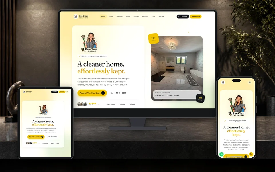 Bee Clean Solutions website designed by Wright Designs Studio, shown on a desktop screen and phone